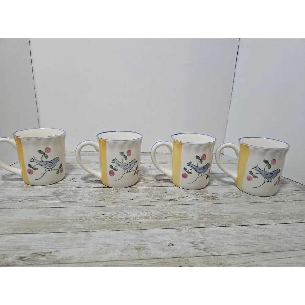Lot of 4 Normandy MANN Mugs‎ Birds Floral Stoneware Rose Buds New with box